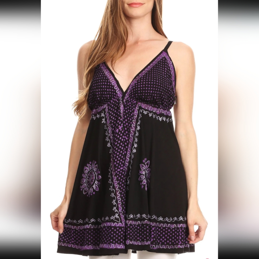 Purple and Black Plunge V Neck Tunic/ Mini Dress. Adjustable straps.